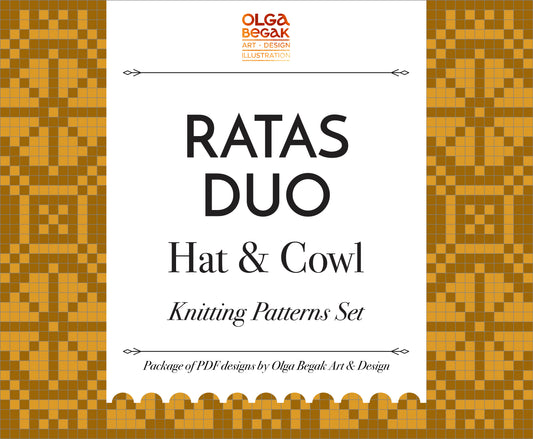 Promotional graphic for Ratas Duo Hat & Cowl knitting patterns set