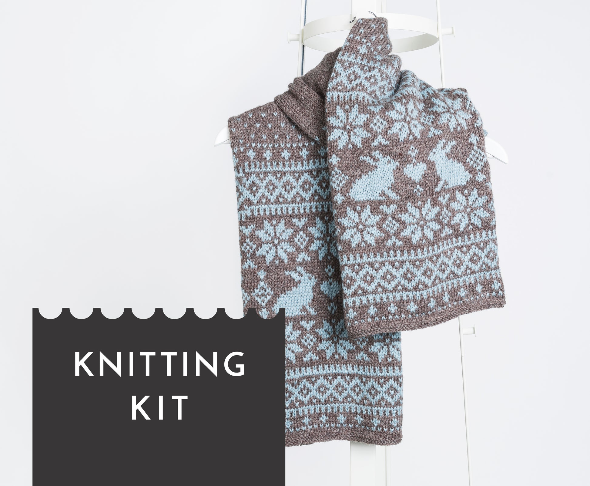 Brown and blue wool long hand-knitted Fair Isle scarf in Bunny Rabbits knitting pattern