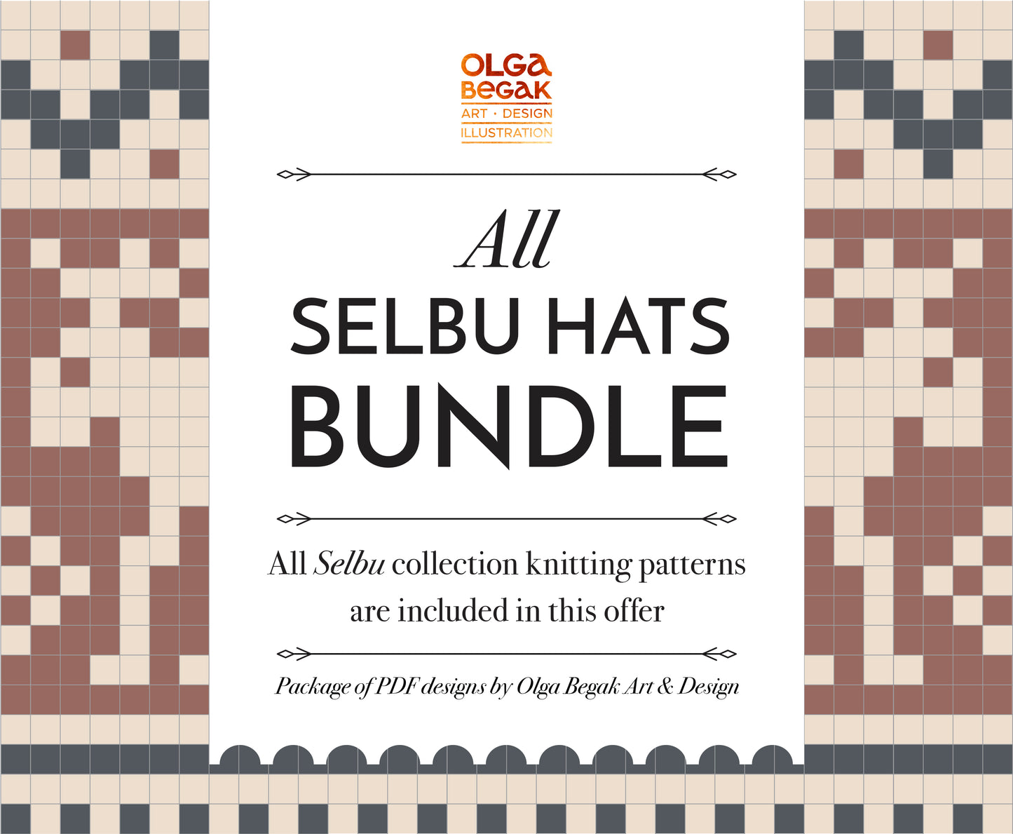 Promotional graphic for 'All Selbu Hats Bundle' with knitting pattern designs on a white background.