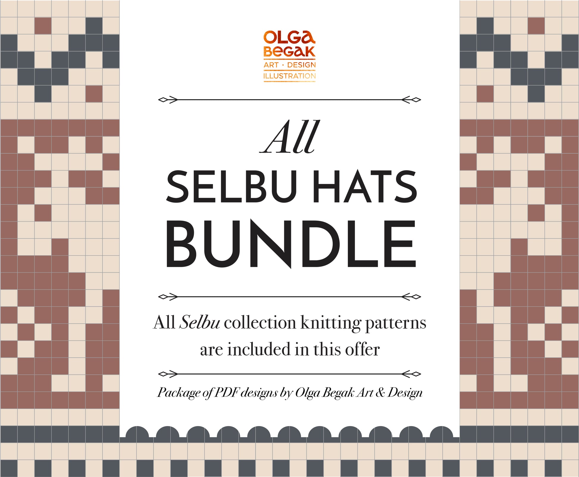 Promotional graphic for 'All Selbu Hats Bundle' with knitting pattern designs on a white background.