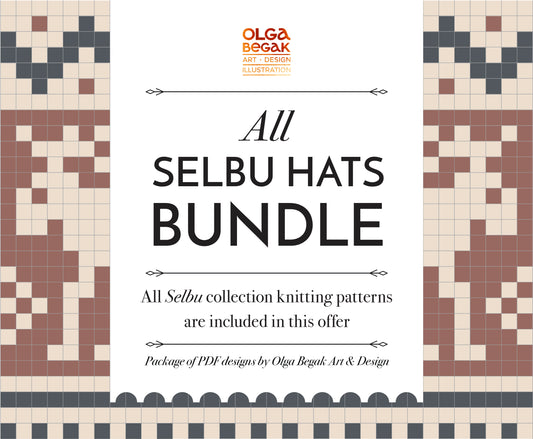 Promotional graphic for 'All Selbu Hats Bundle' with knitting pattern designs on a white background.