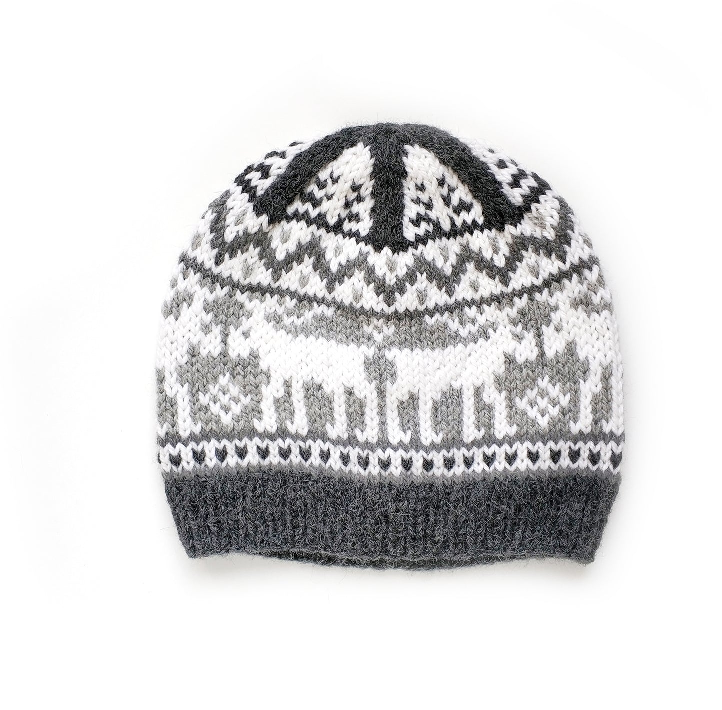 gray and white wool hand-knitted Fair Isle beanie hat in Moose knitting pattern