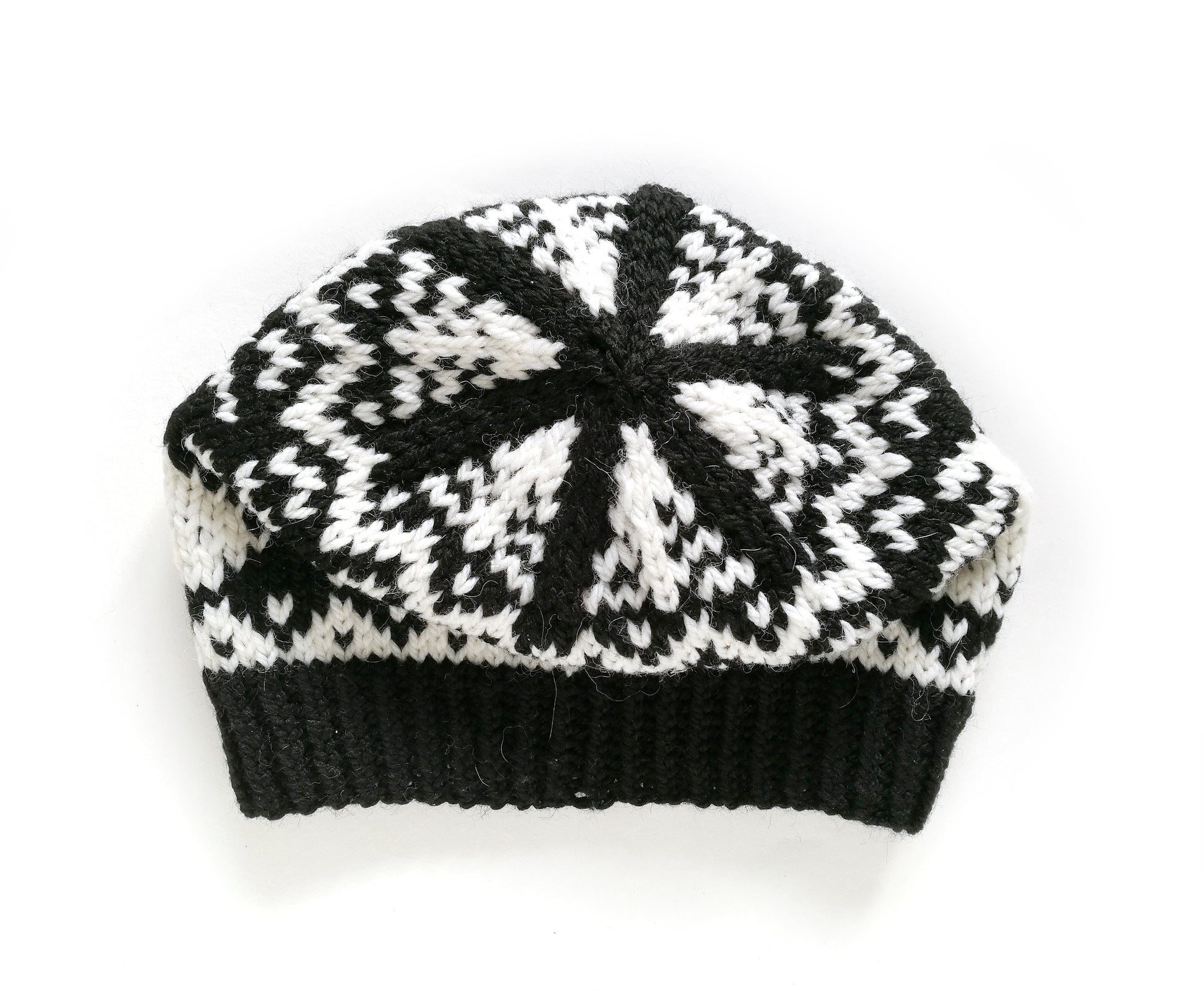 black and white wool hand-knitted Fair Isle beanie hat in Bunny Rabbit knitting pattern