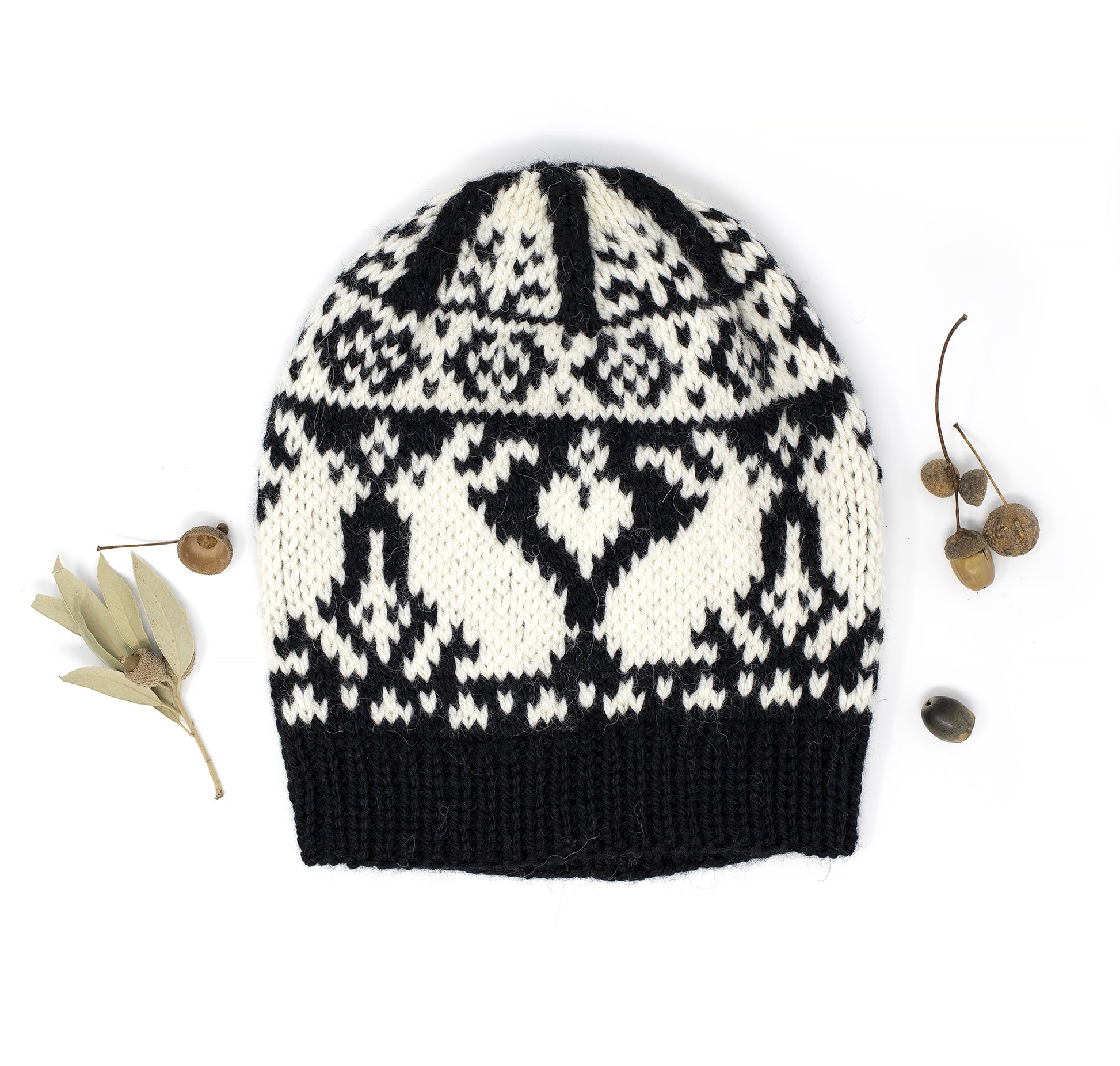 black and white wool hand-knitted Fair Isle beanie hat in Bunny Rabbit knitting pattern