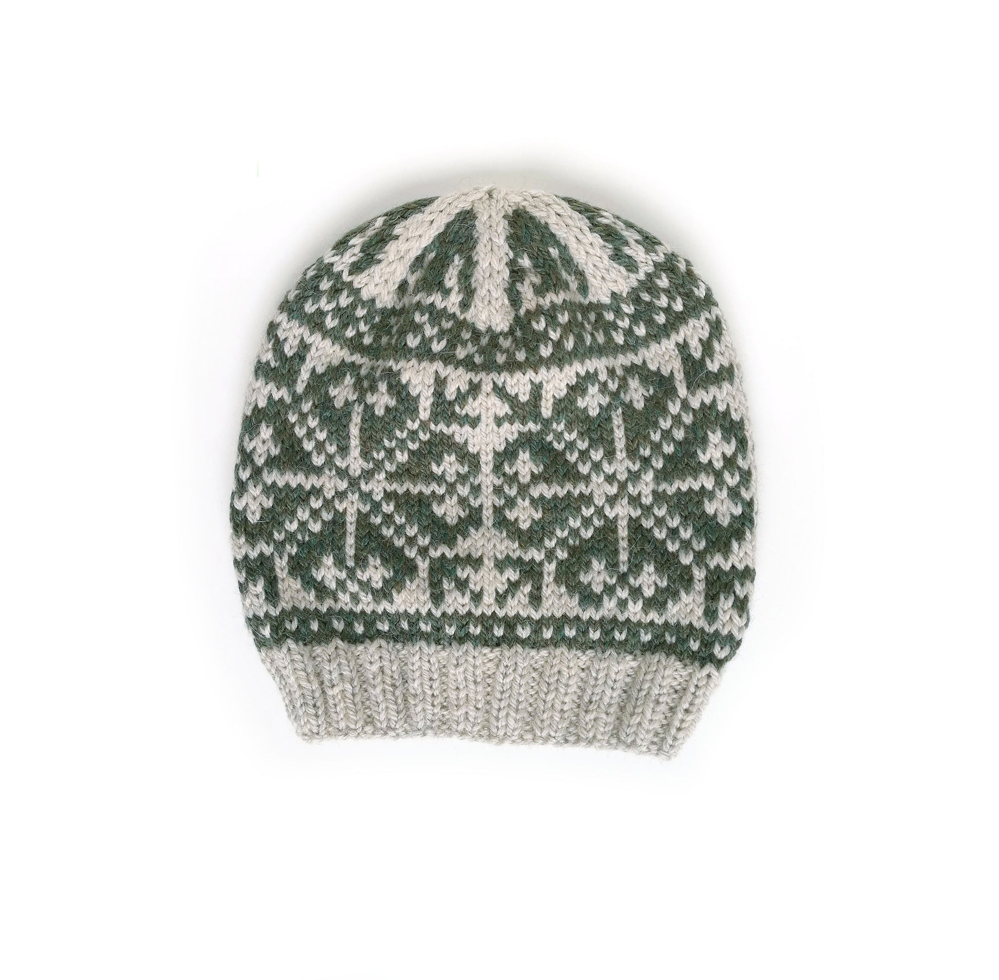 beige and green wool hand-knitted Fair Isle beanie hat in snowflake knitting pattern