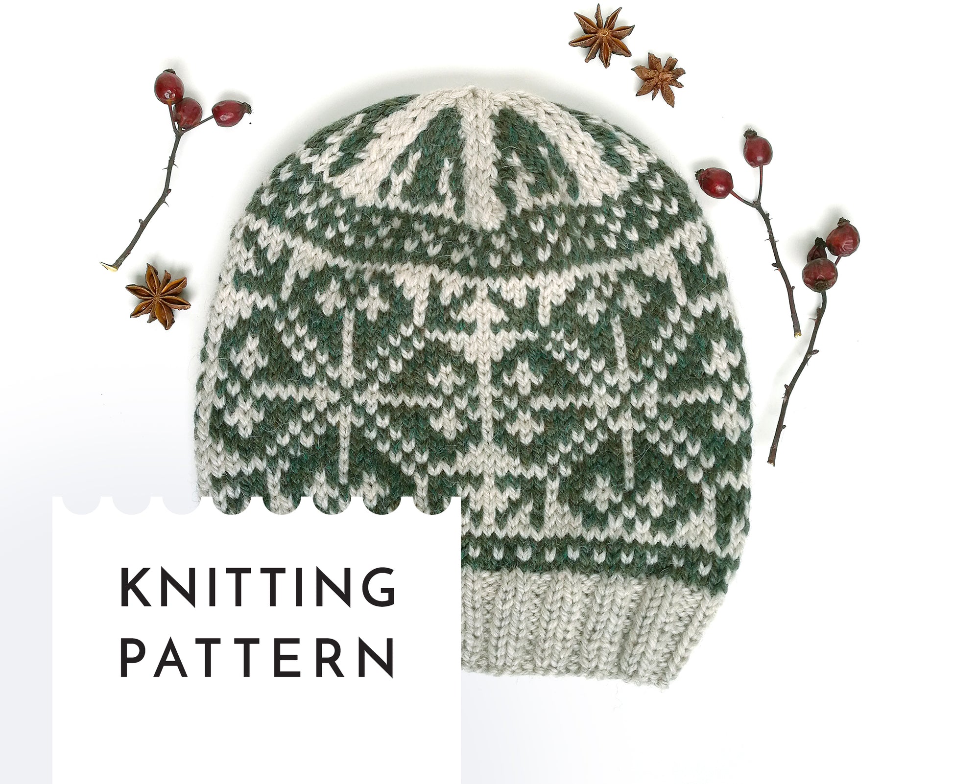 beige and green wool hand-knitted Fair Isle beanie hat in snowflake knitting pattern