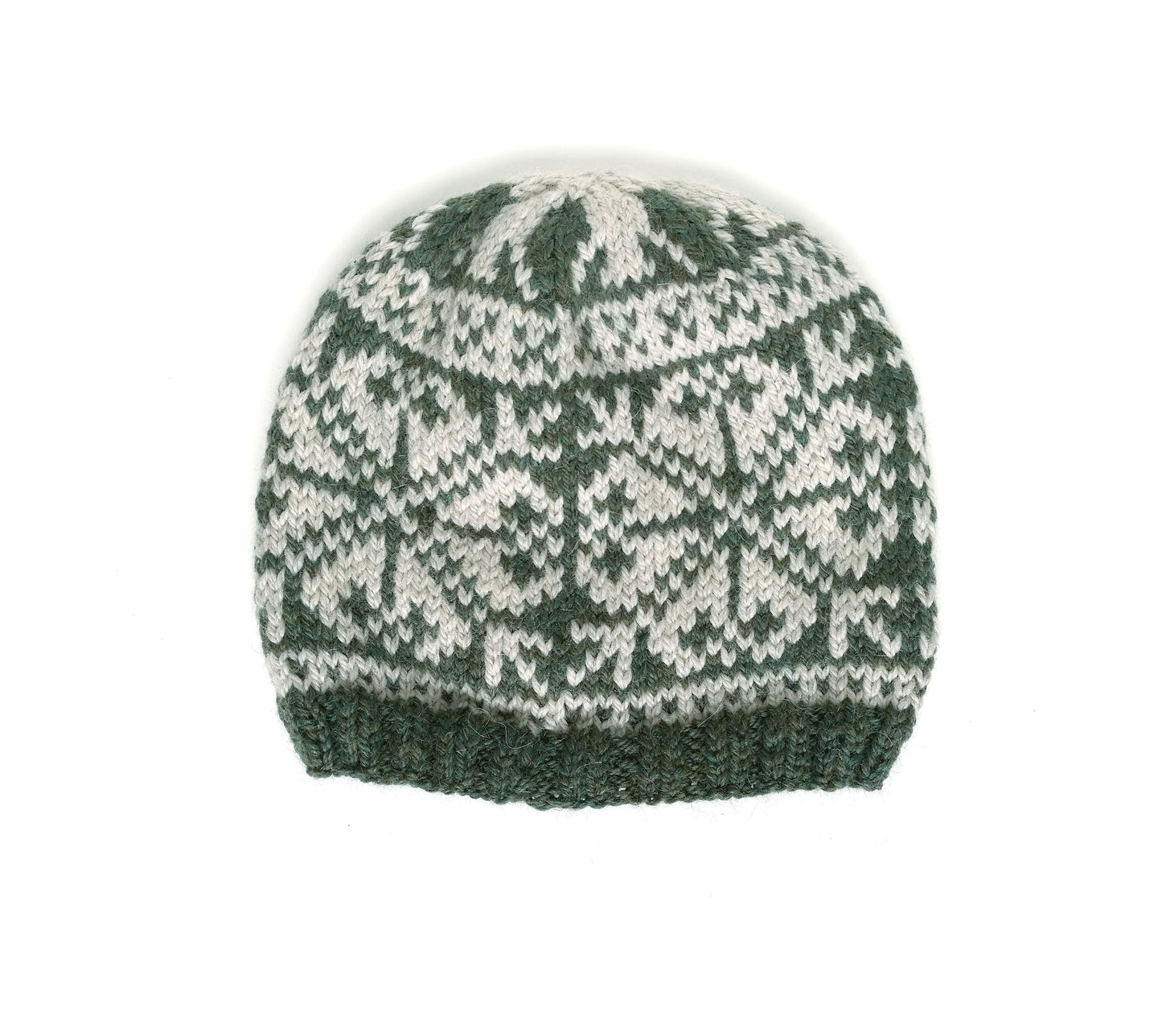 A knit beanie hat featuring a dark green and off-white Fair Isle pattern, photographed against a plain white background.