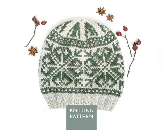 A knitted beanie hat with a green and off-white Fair Isle pattern, displayed on a white background with decorative star anise and berry sprigs. A gray label at the bottom reads 'KNITTING PATTERN'.