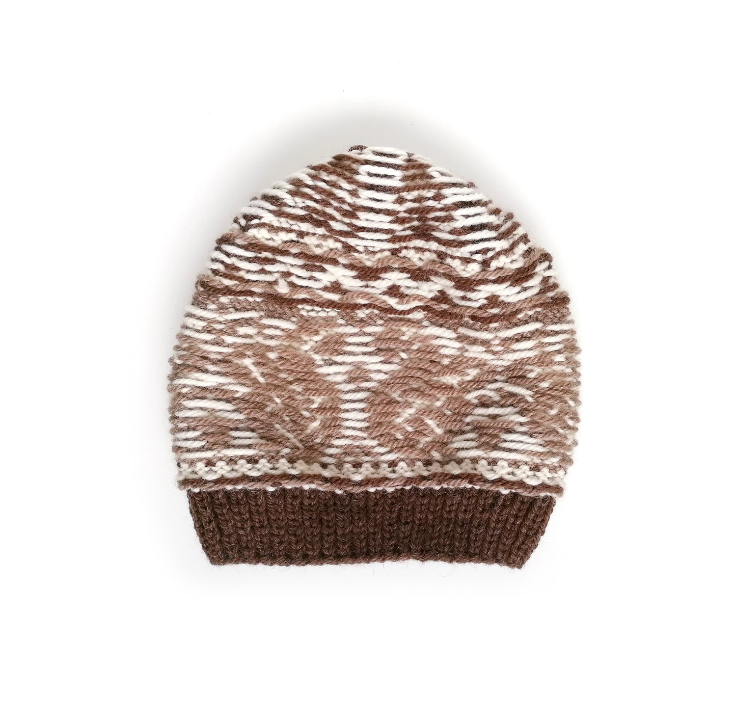 brown and white wool hand-knitted Fair Isle beanie hat in squirrel knitting pattern, wrong side