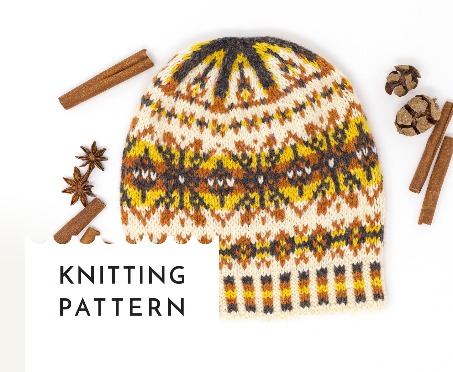 yellow, orange, black and white wool hand-knitted Fair Isle beanie hat