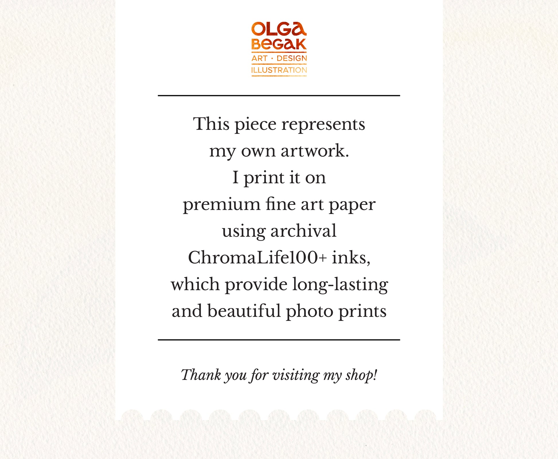 Text on a white background about art paper and inks, with 'Olga Begak' branding.