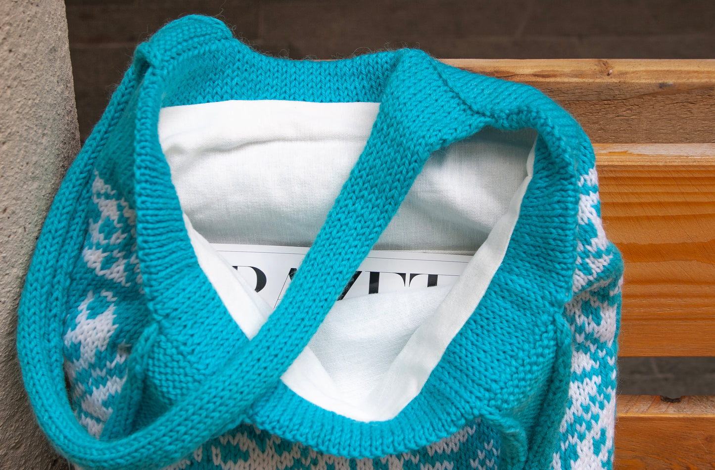 Inside out of turquoise and white Snowflake Selbu hand-knitted tote bag