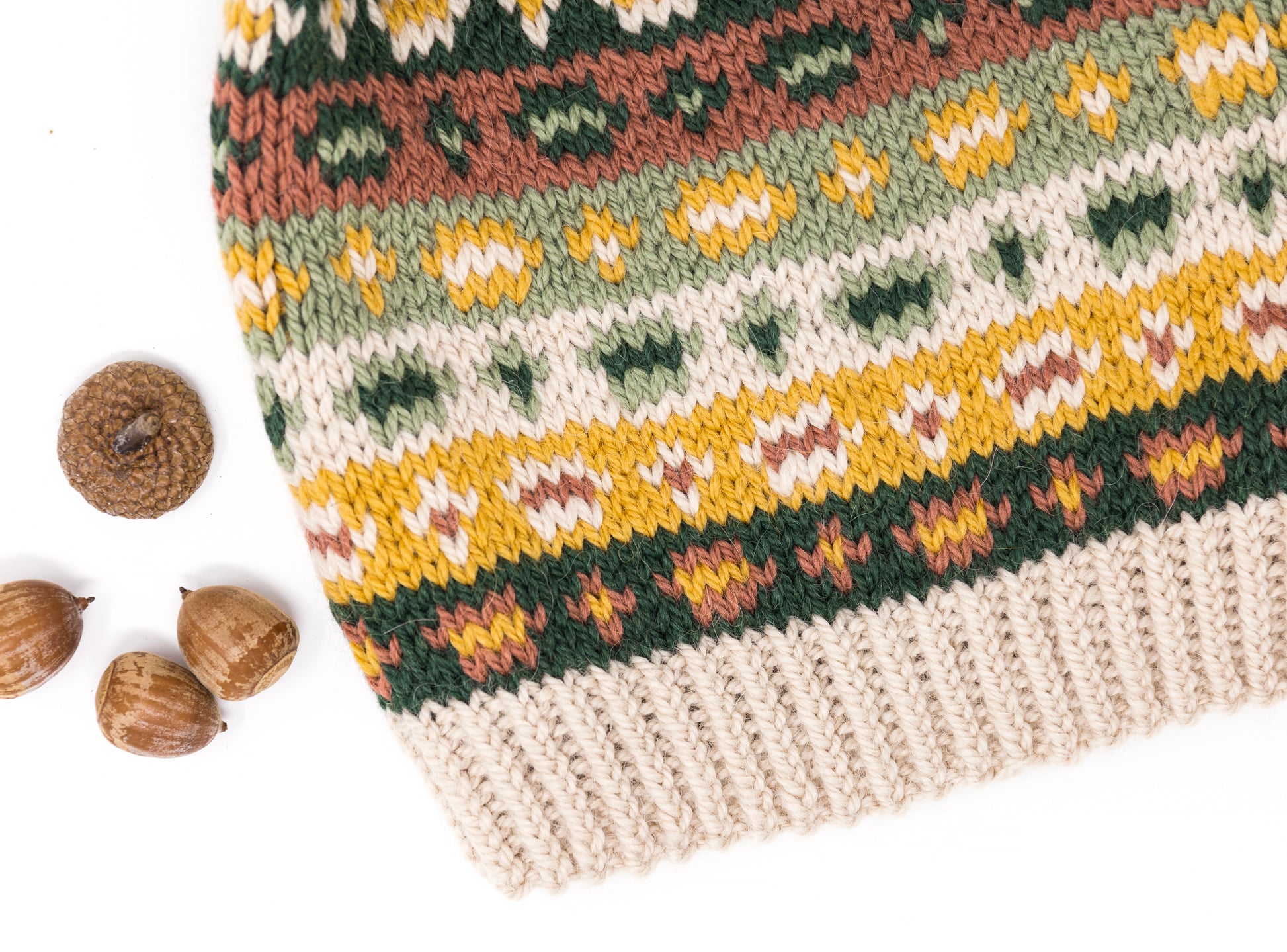 Close-up for a Fair Isle hand-knitted hat
