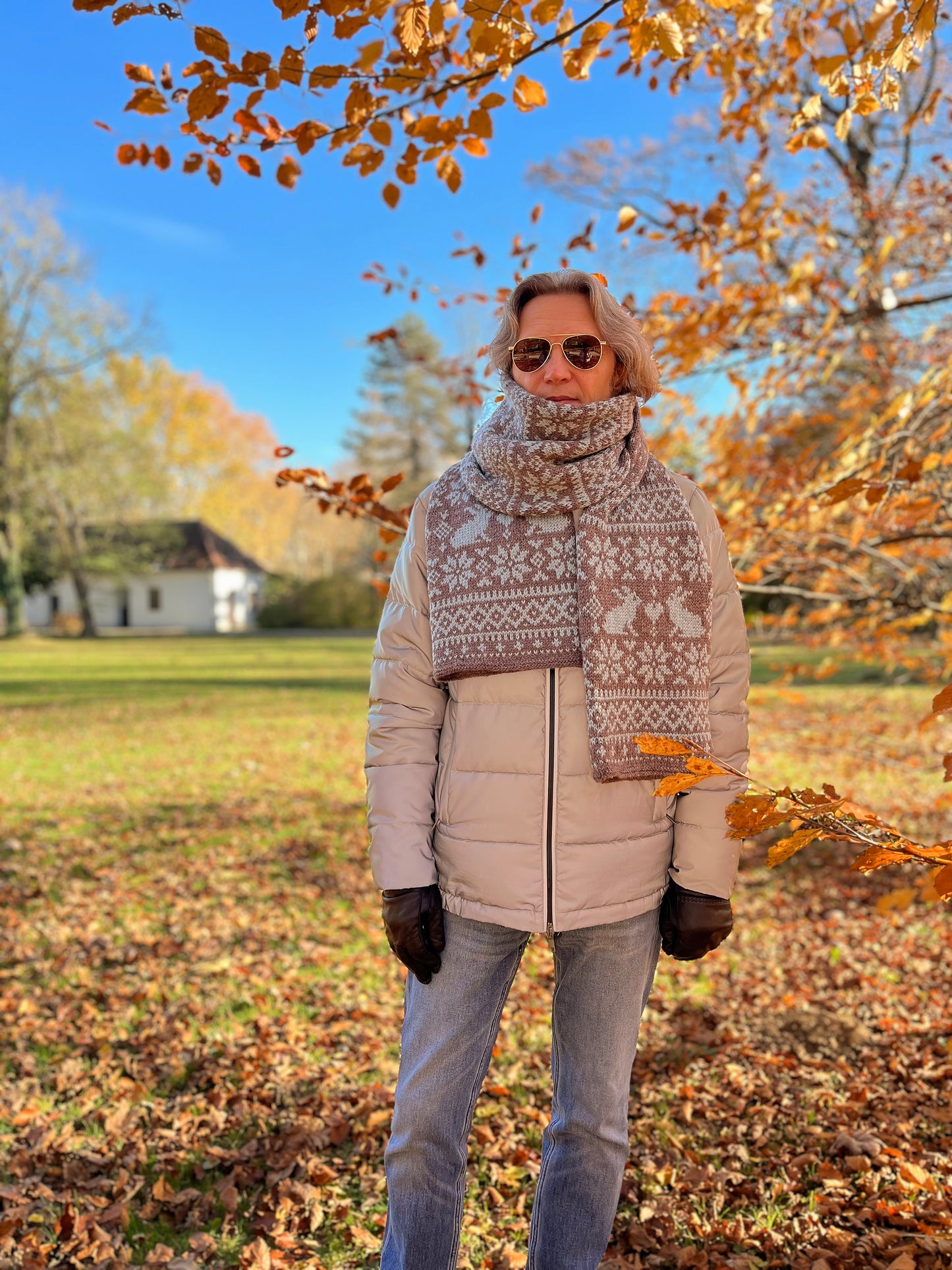 A man standing outdoors in a park wearing a light beige puffer jacket, a brown and beige Nordic patterned scarf, sunglasses, and dark gloves, with autumn trees and fallen leaves in the background.