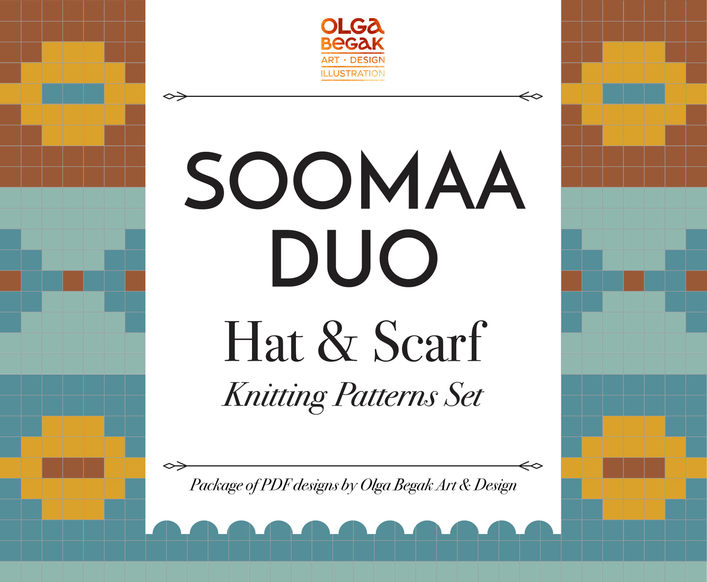Cover of the SOOMAA DUO Fair Isle Hat & Scarf Knitting Patterns Set, featuring a Fair Isle geometric pattern in multiple colors.