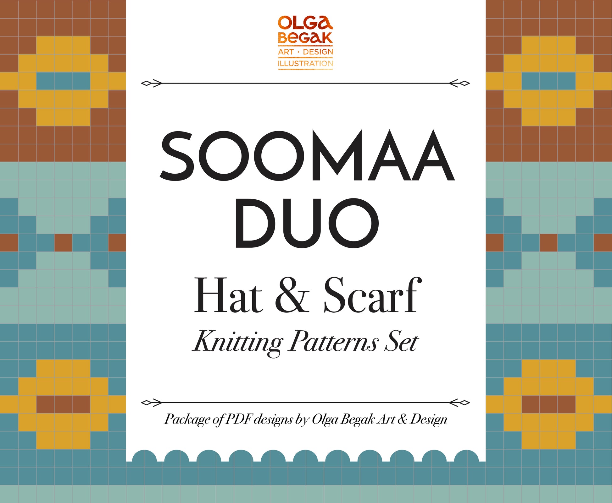Cover of the SOOMAA DUO Fair Isle Hat & Scarf Knitting Patterns Set, featuring a Fair Isle geometric pattern in multiple colors.