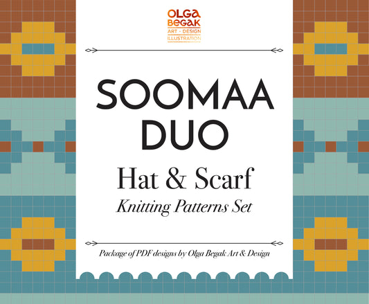 Cover of the SOOMAA DUO Fair Isle Hat & Scarf Knitting Patterns Set, featuring a Fair Isle geometric pattern in multiple colors.