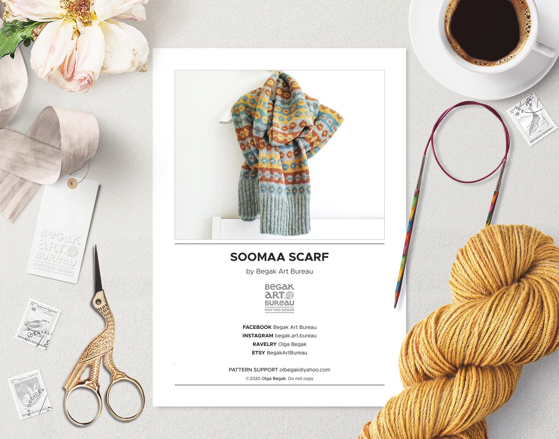 Soomaa grey blue, yellow and brown wool long Fair Isle scarf knitting pattern booklet