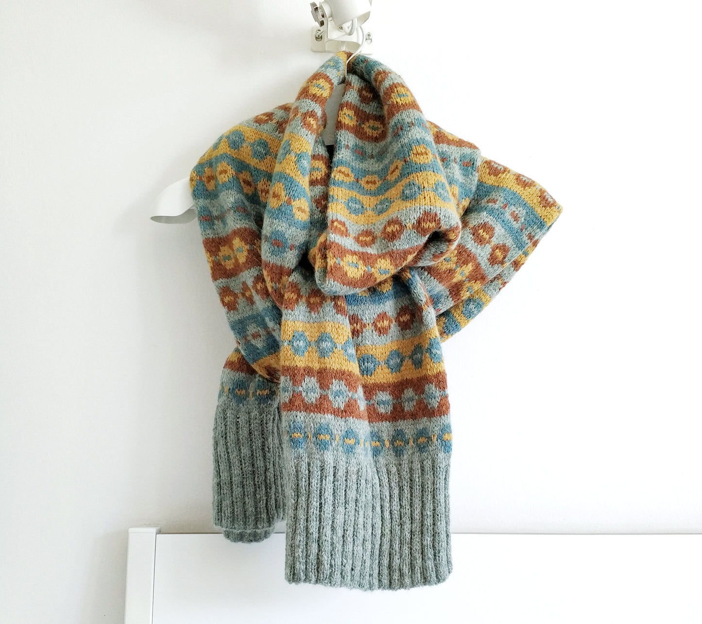 Grey, brown, yellow and blue alpaca wool hand-knitted Fair Isle long scarf