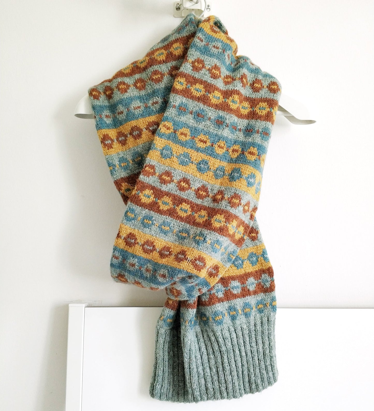 grey blue, yellow and brown wool long hand-knitted Fair Isle scarf