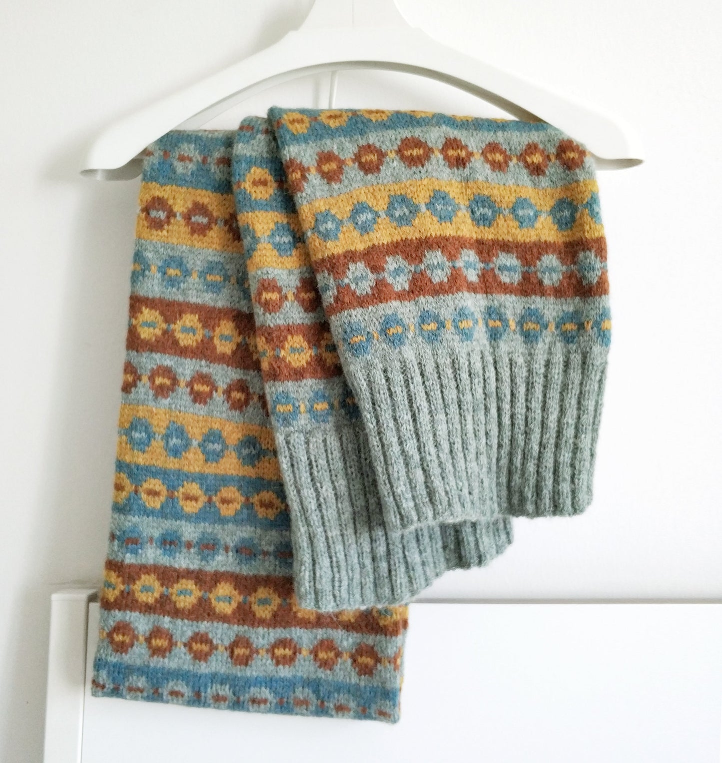 grey blue, yellow and brown wool long hand-knitted Fair Isle scarf