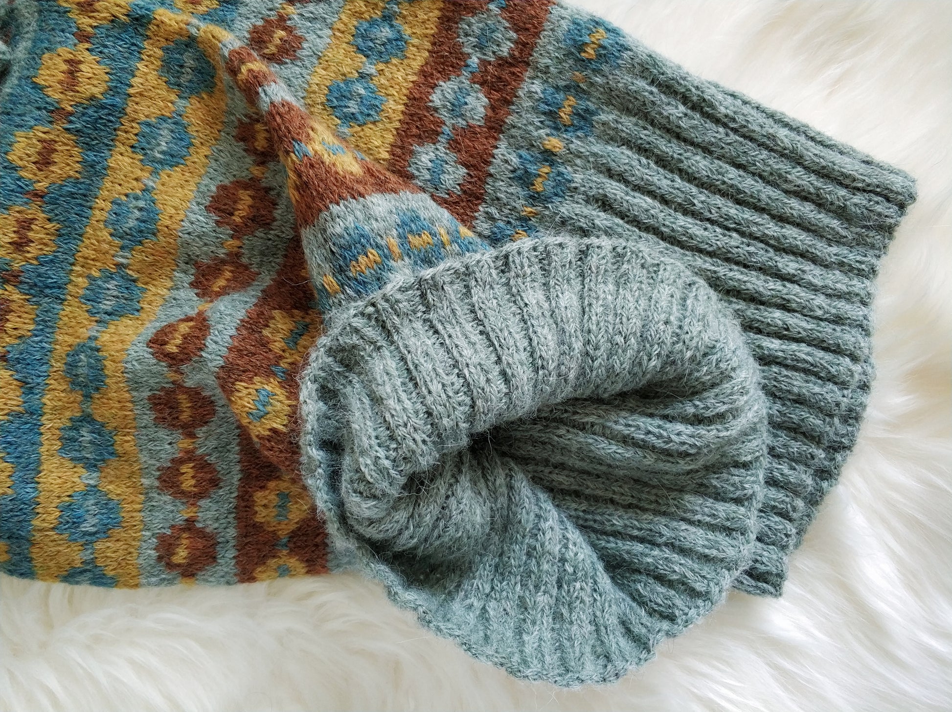 Grey, brown, yellow and blue alpaca wool hand-knitted Fair Isle long double layered scarf