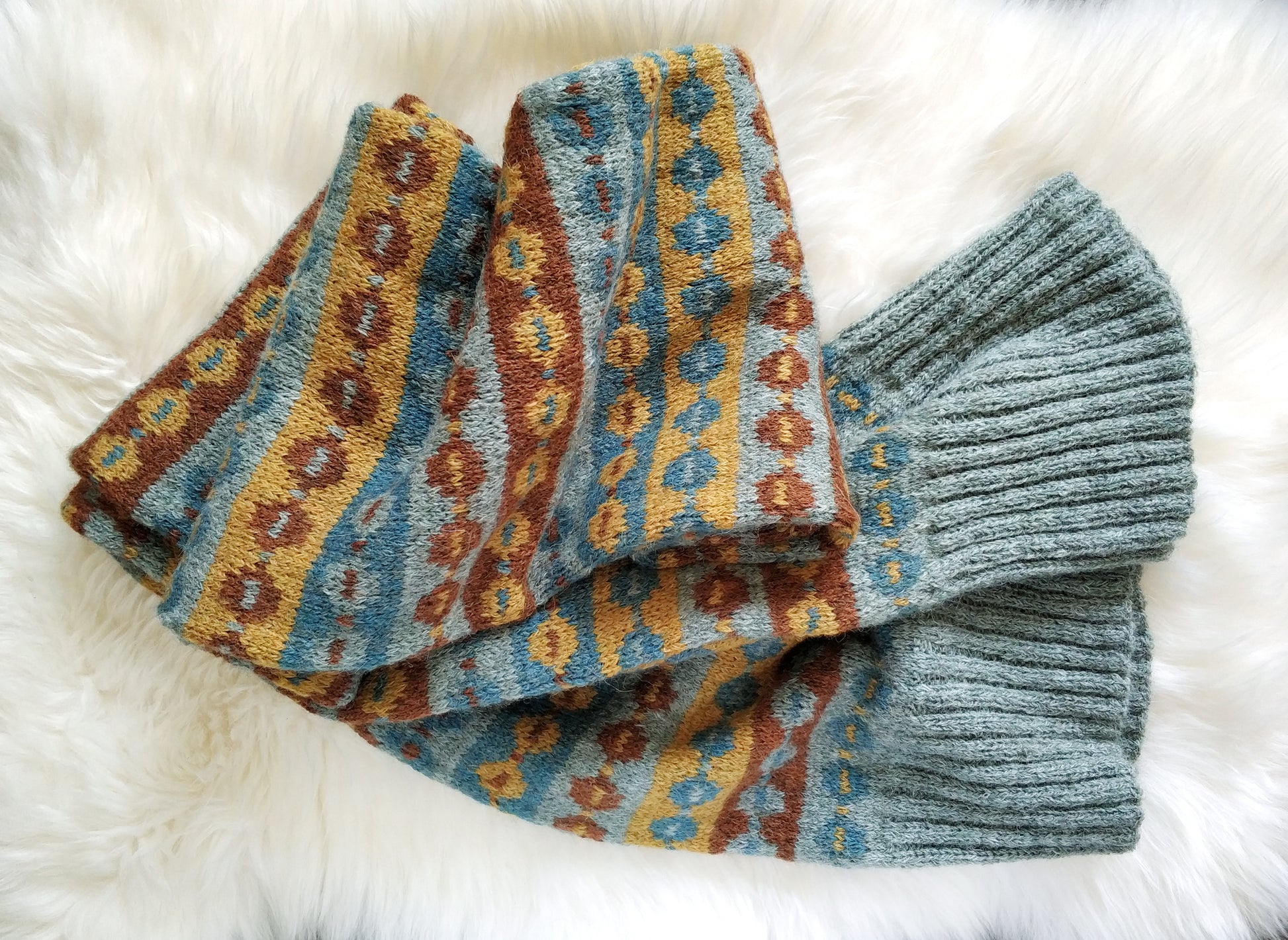 Grey, brown, yellow and blue alpaca wool hand-knitted Fair Isle long double layered scarf
