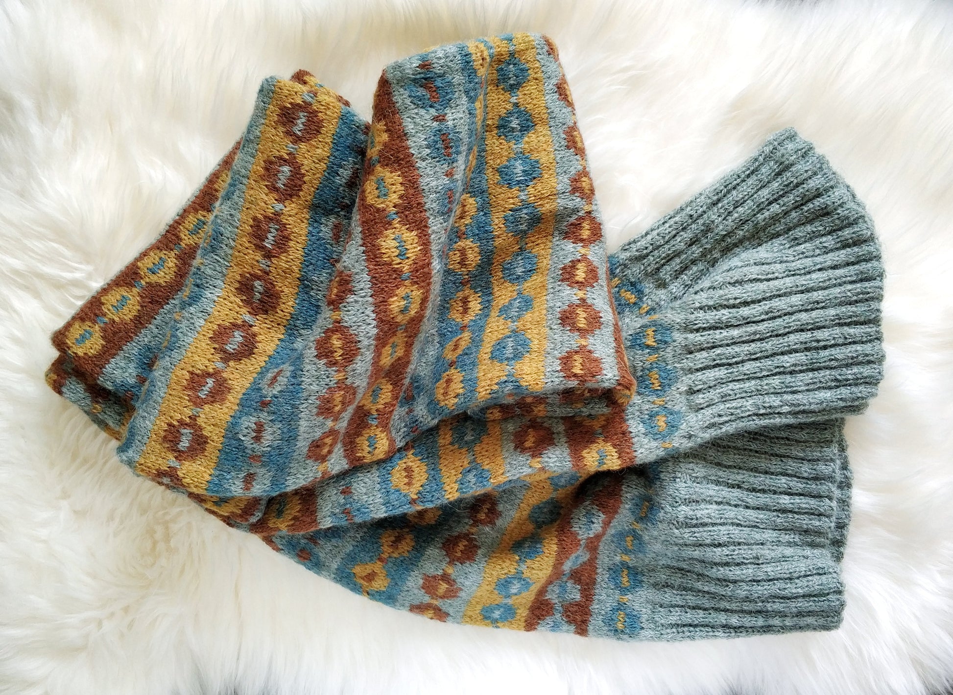 Grey, brown, yellow and blue alpaca wool hand-knitted Fair Isle long scarf