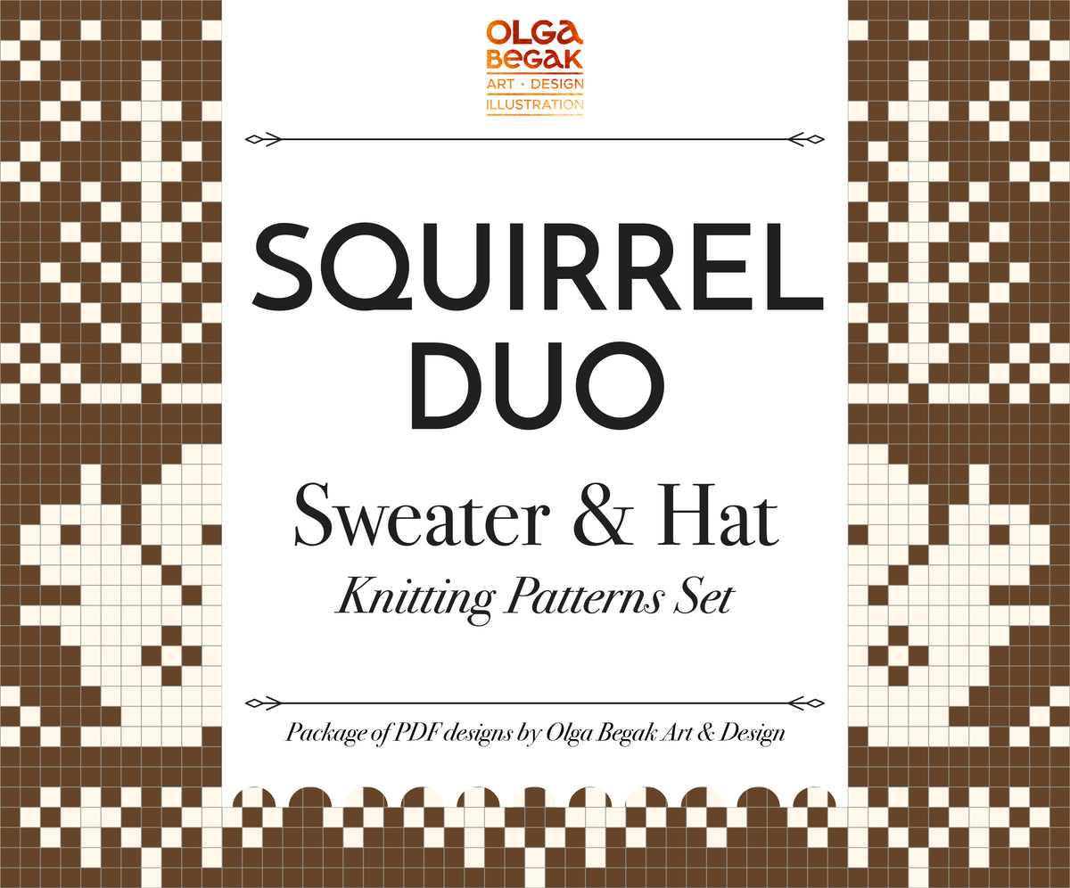 Promotional graphic for the 'Squirrel Duo' knitting patterns set by Olga Begak, featuring a central white card with black text and brown-and-cream knit pattern borders on the left and right.
