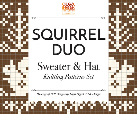 Promotional graphic for the 'Squirrel Duo' knitting patterns set by Olga Begak, featuring a central white card with black text and brown-and-cream knit pattern borders on the left and right.