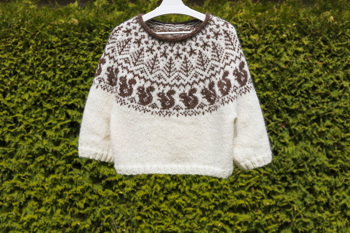 A hand-knitted wool sweater with a squirrels pattern, primarily in white and brown colors, displayed on a white hanger against a green leafy background.