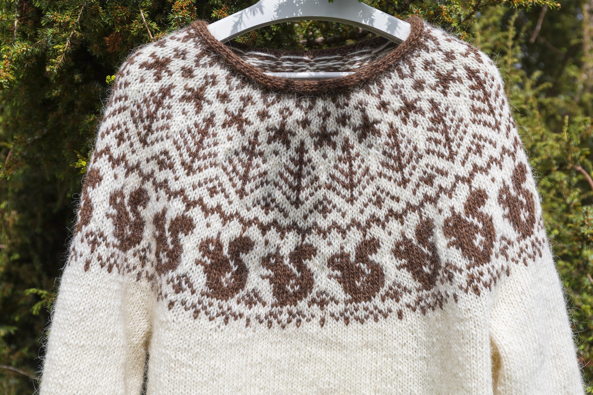 Squirrel icelandic lopapeysa sweater features white and brown colorwork yoke