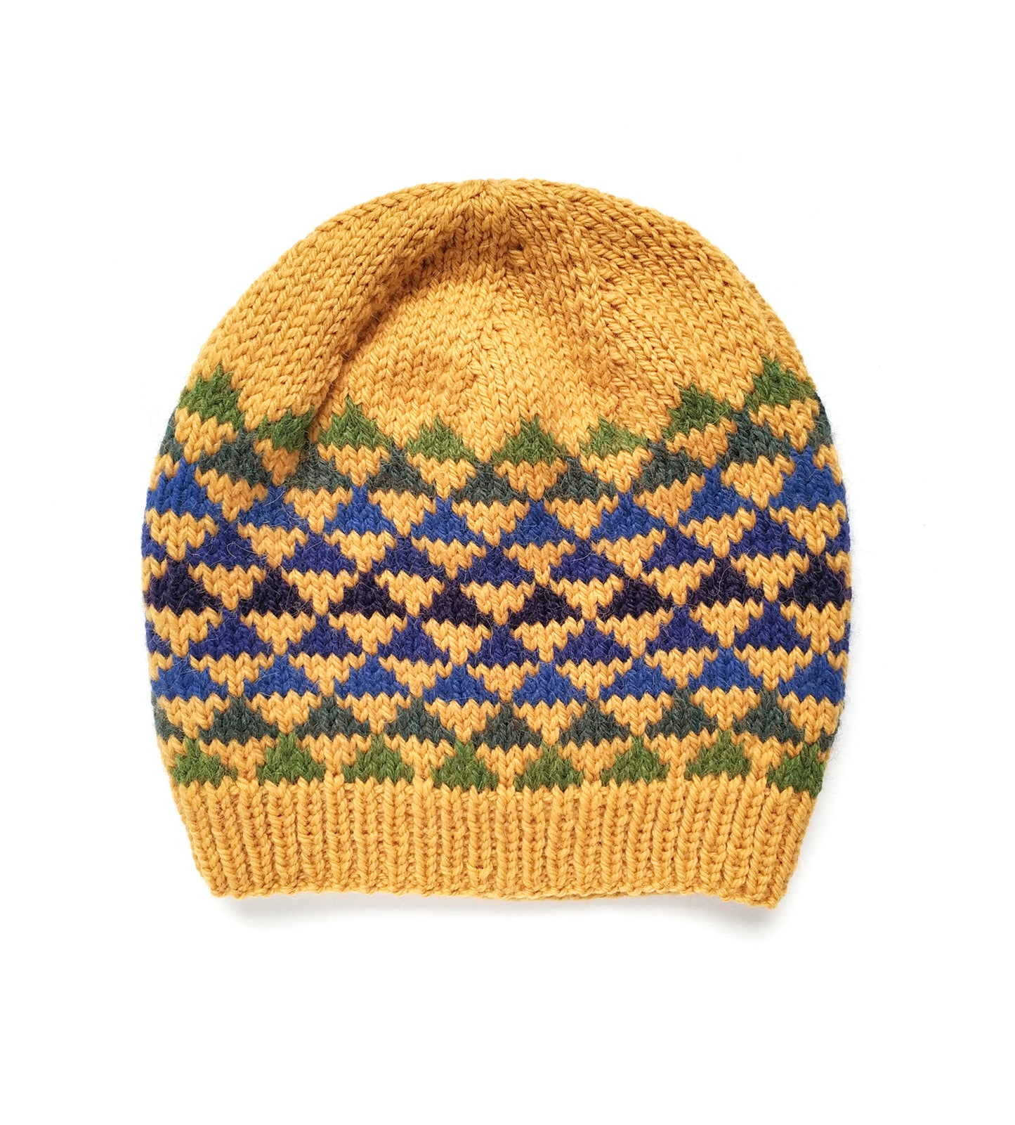 yellow, blue and green wool hand-knitted Fair Isle beanie hat in triangles knitting pattern