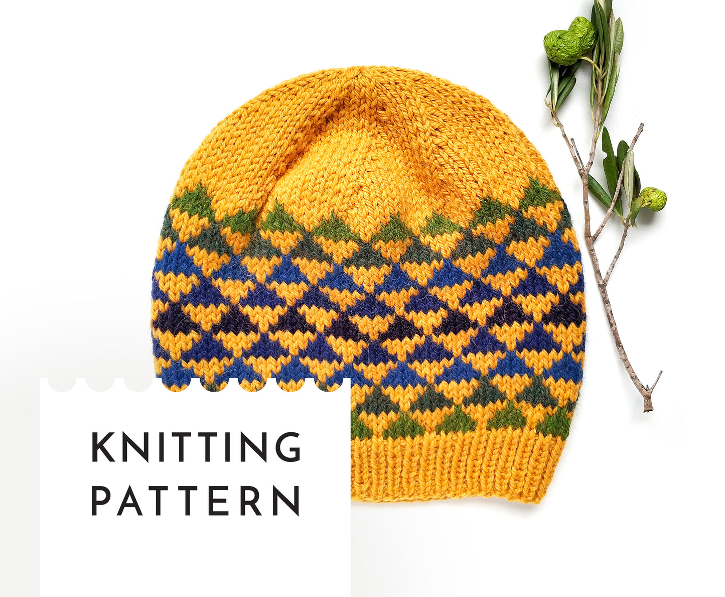 yellow, blue and green wool hand-knitted Fair Isle beanie hat in triangles knitting pattern