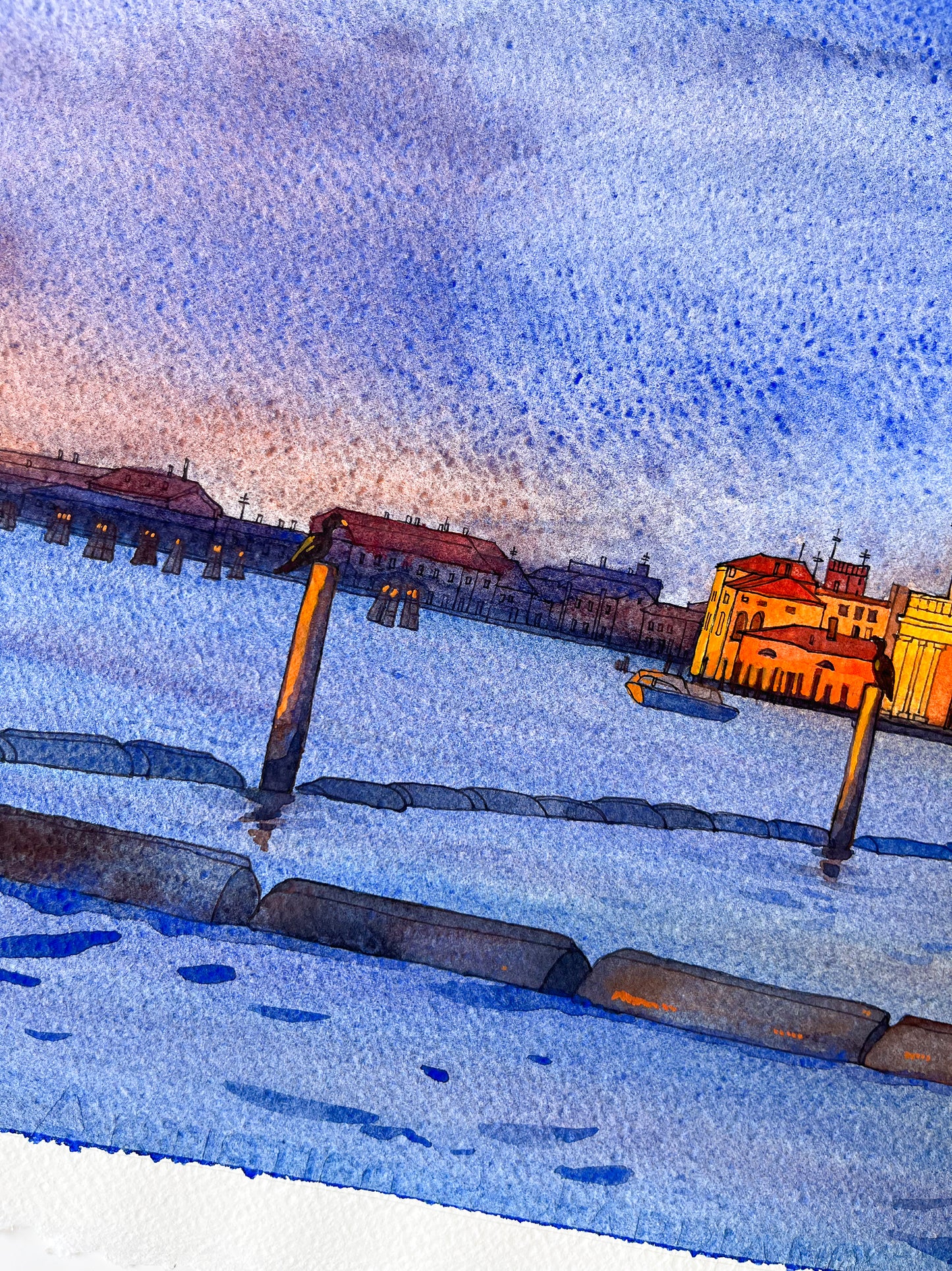Digital art of watercolor and ink artwork of Venice San Marco basin at sunrise