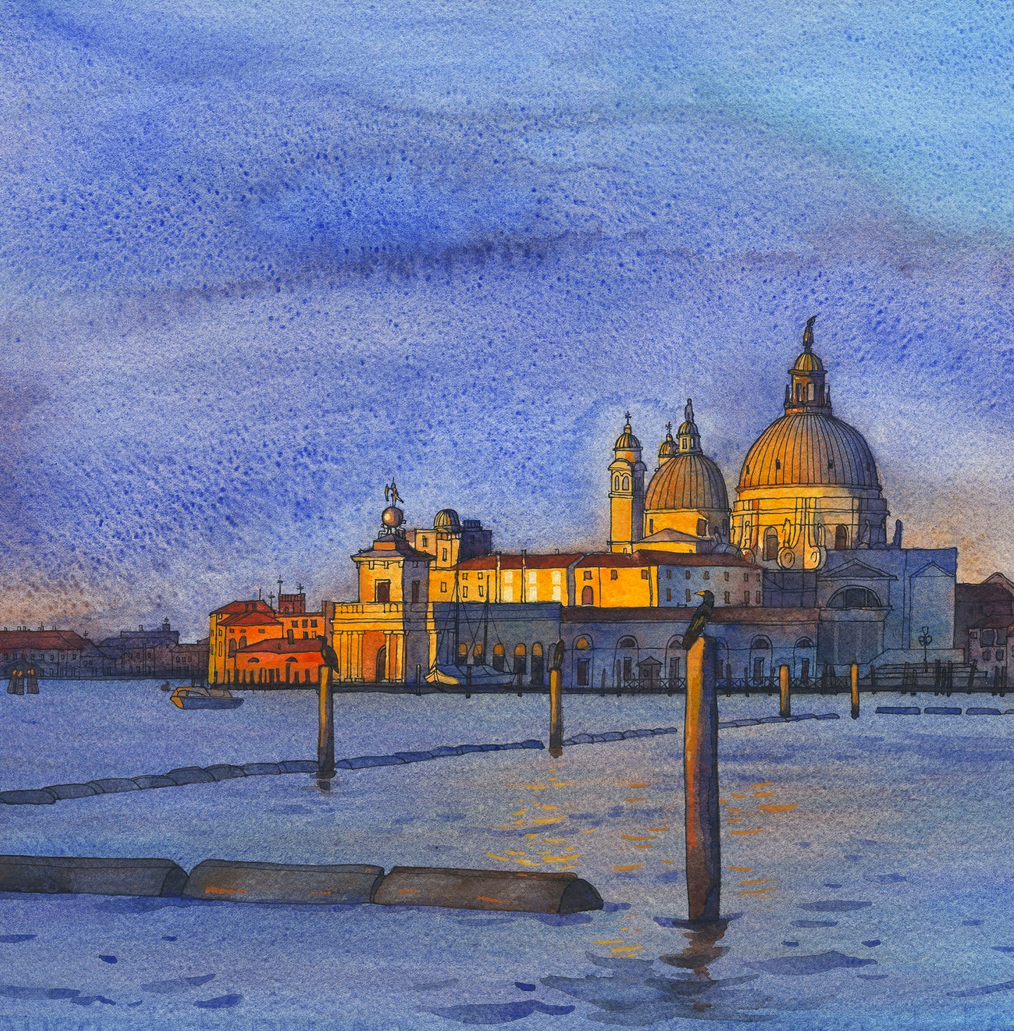 Cityscape with illuminated buildings and dome in San Marco basin at sunrise, reflected in water at night.