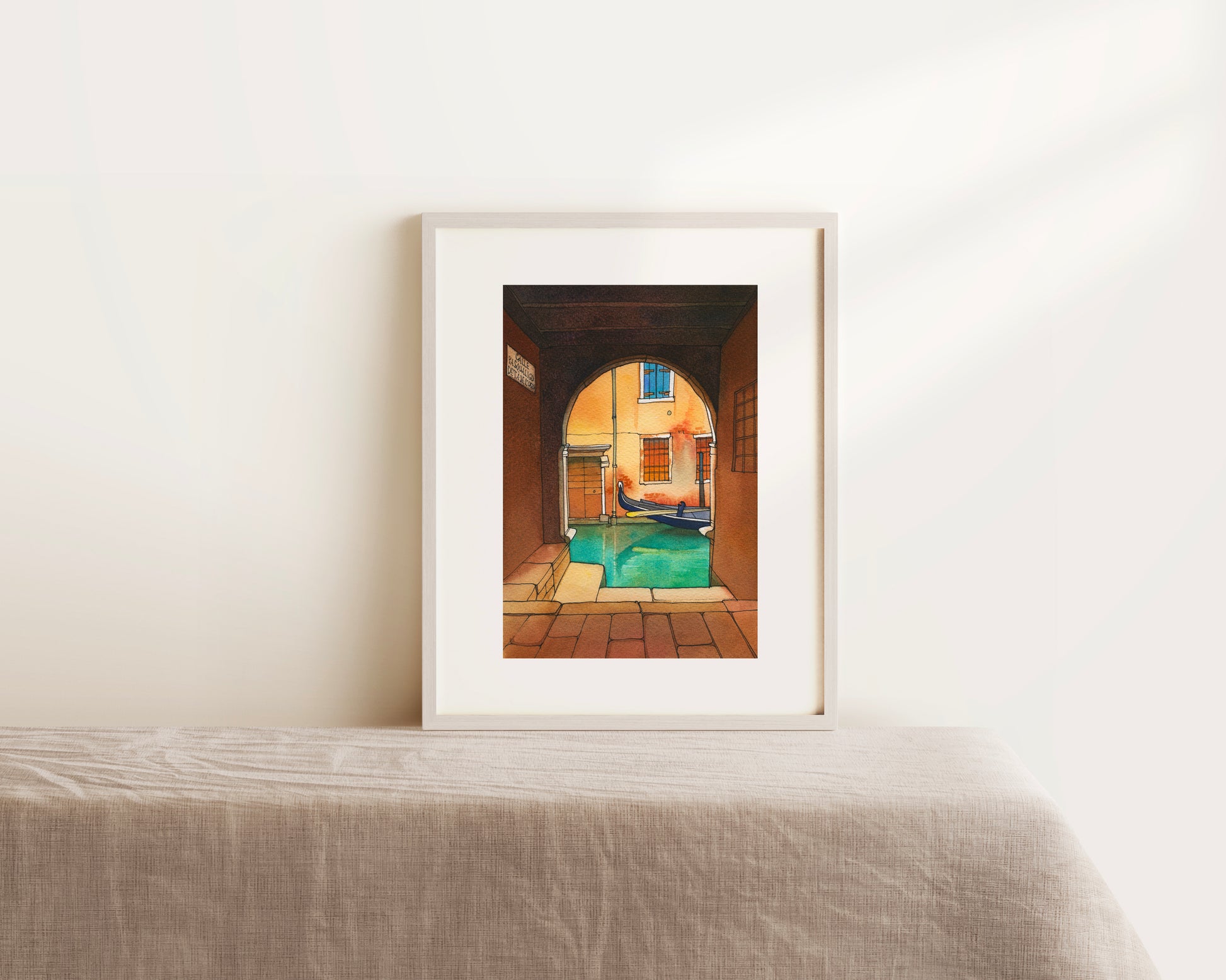 Framed watercolor and ink artwork of a Venice canal scene