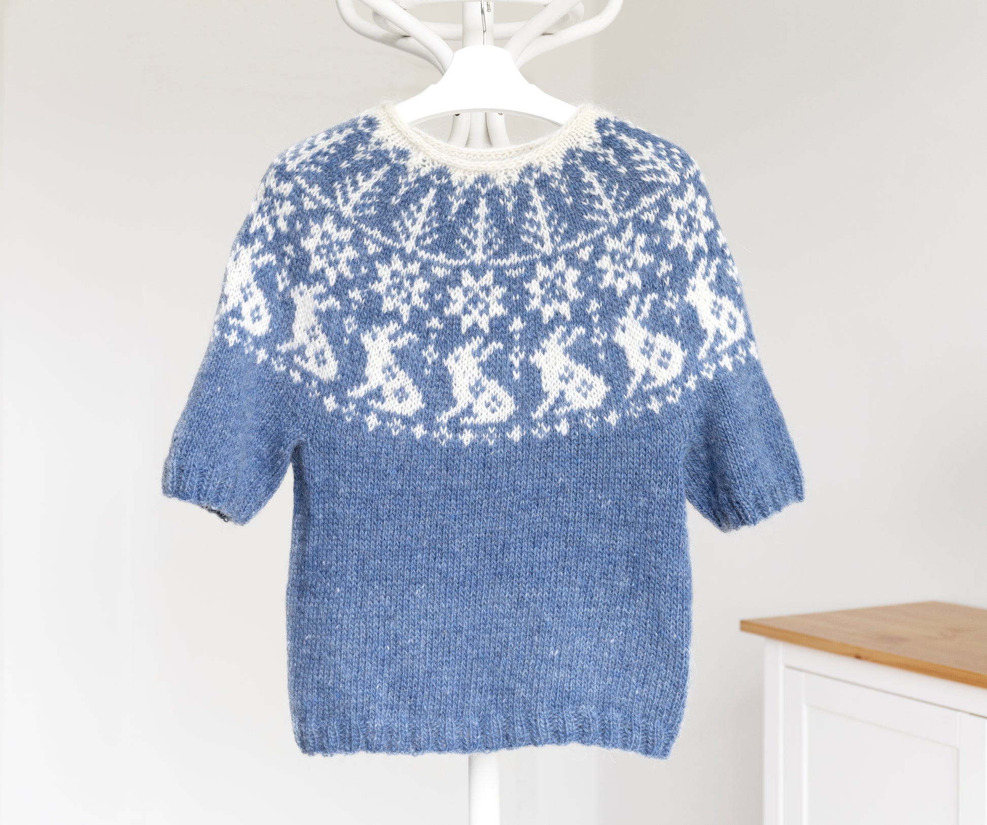 Front view of Vinterskog icelandic lopapeysa sweater with bunnies motifs yoke