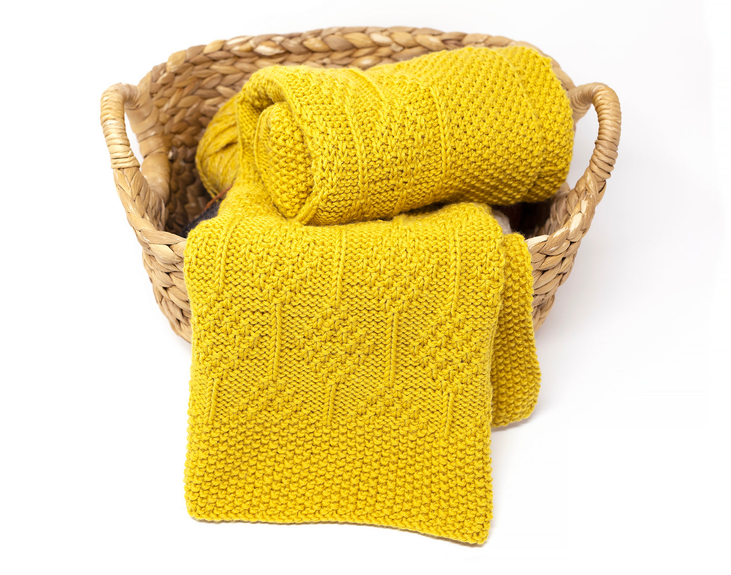 mustard yellow merino wool hand-knitted baby blanket in Diamonds pattern