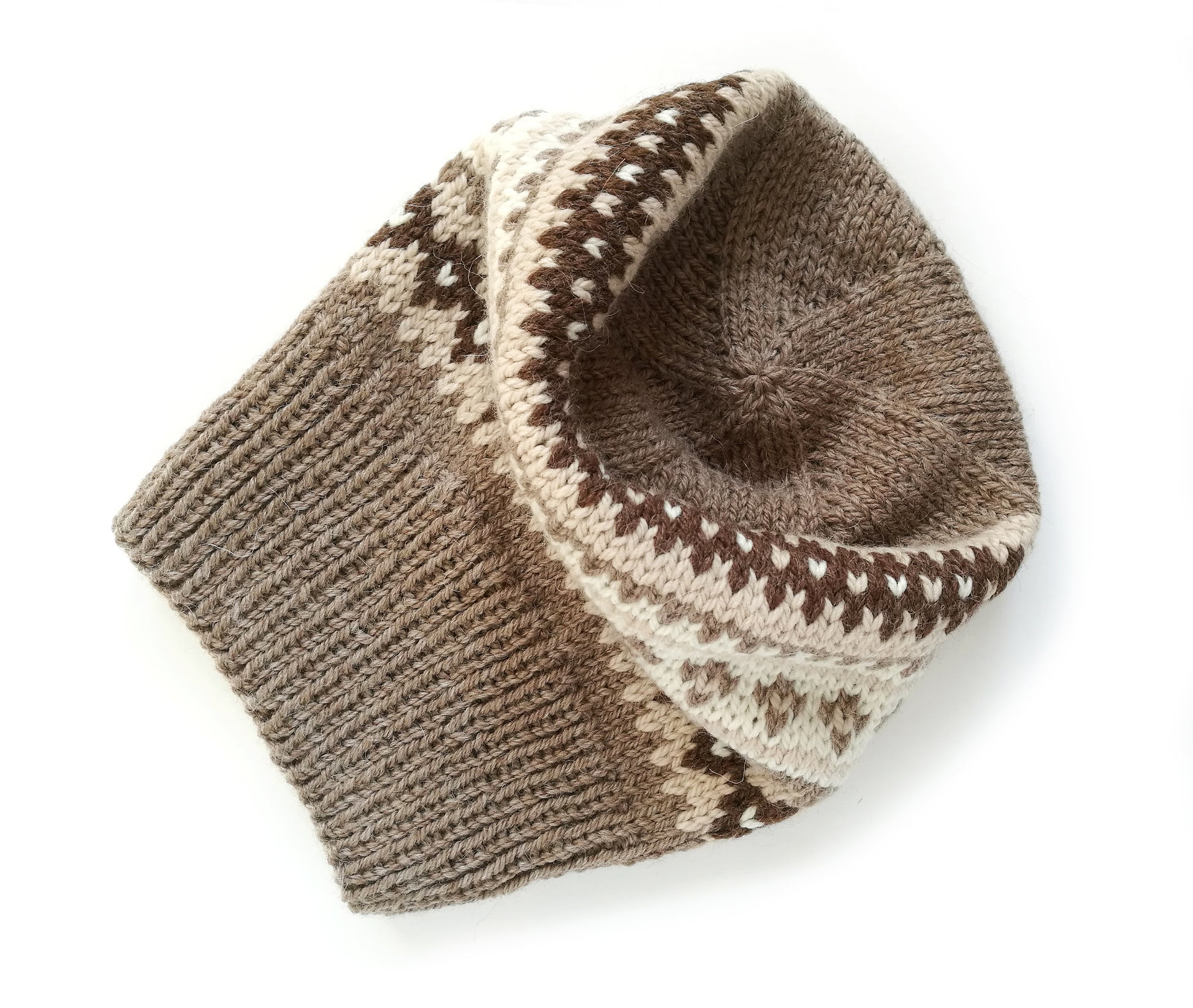 beige, brown and white wool hand-knitted Fair Isle beanie hat
