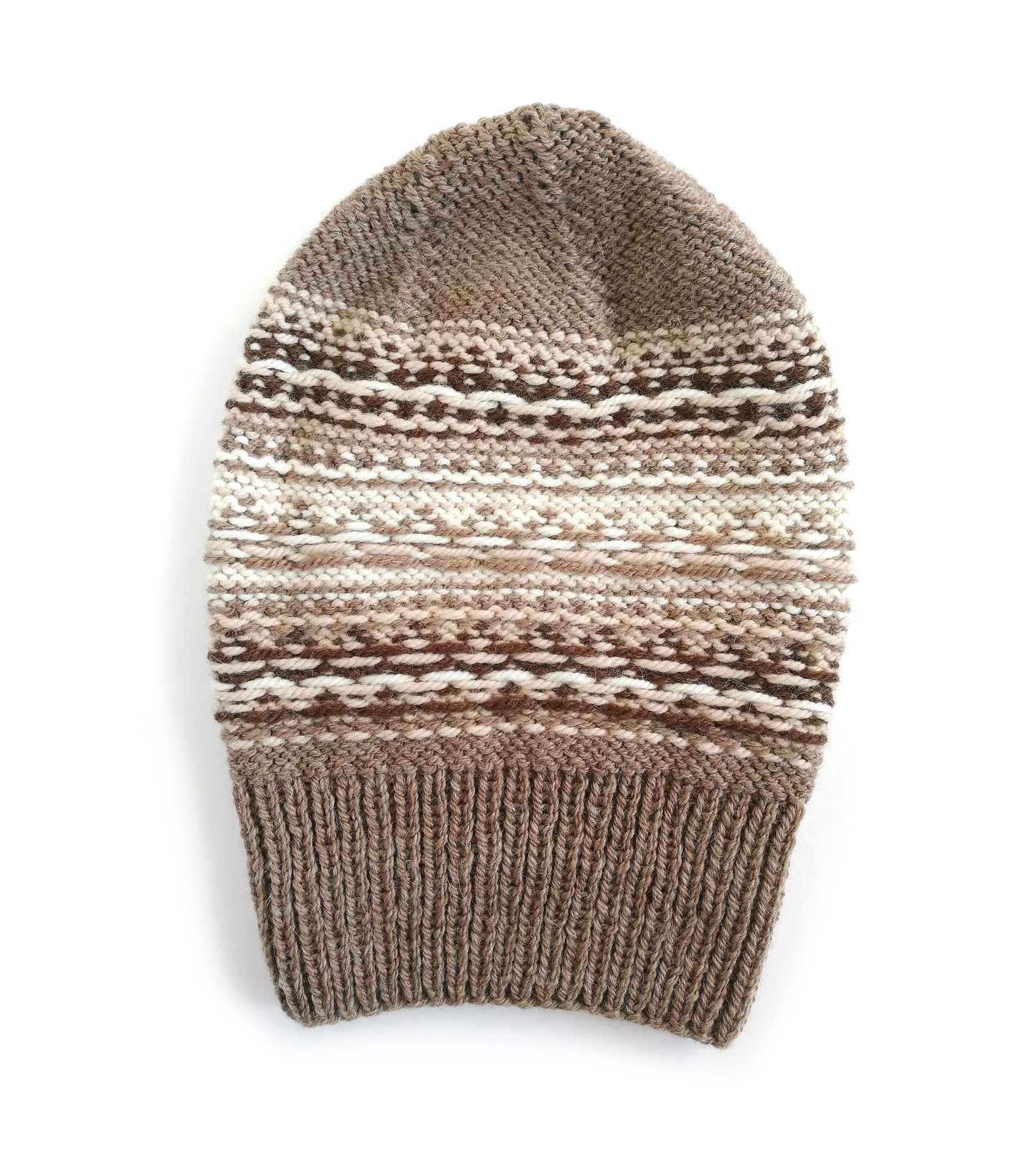 beige, brown and white wool hand-knitted Fair Isle beanie hat, wrong side