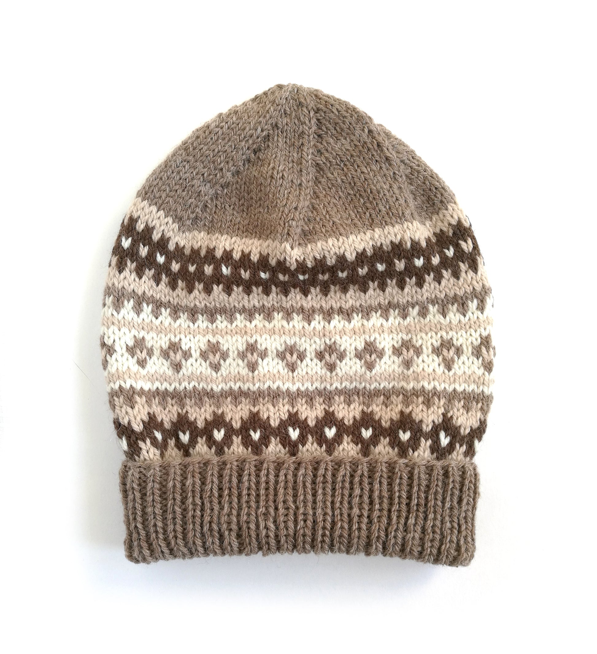beige, brown and white wool hand-knitted Fair Isle beanie hat