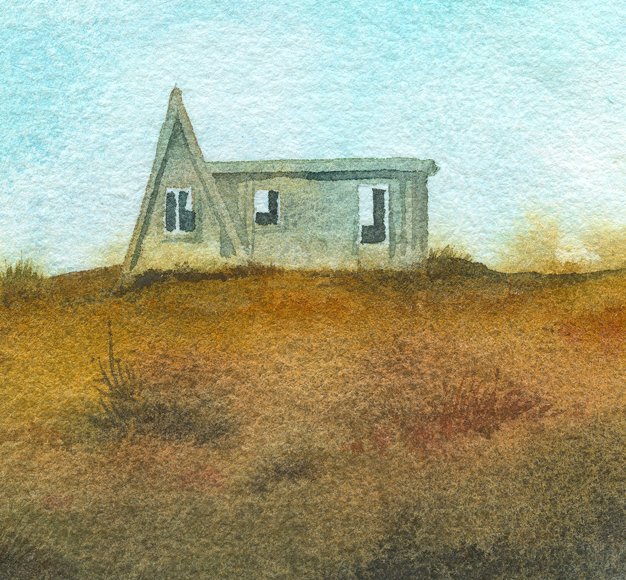 Details of a watercolor painting featuring a small A-frame wooden cabin on a grassy hill under a light blue sky in the Westfjords, Iceland