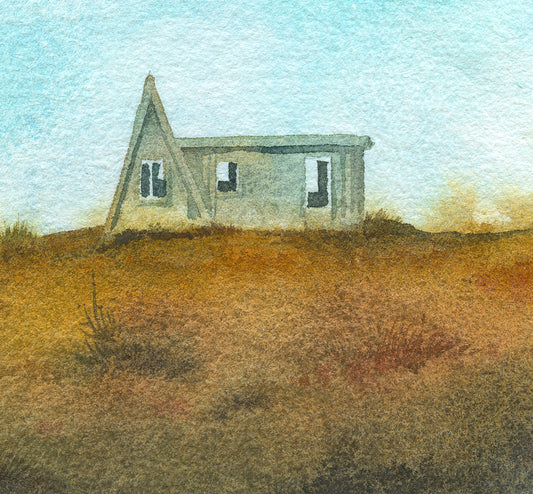 Small a-frame house in a field with a watercolor