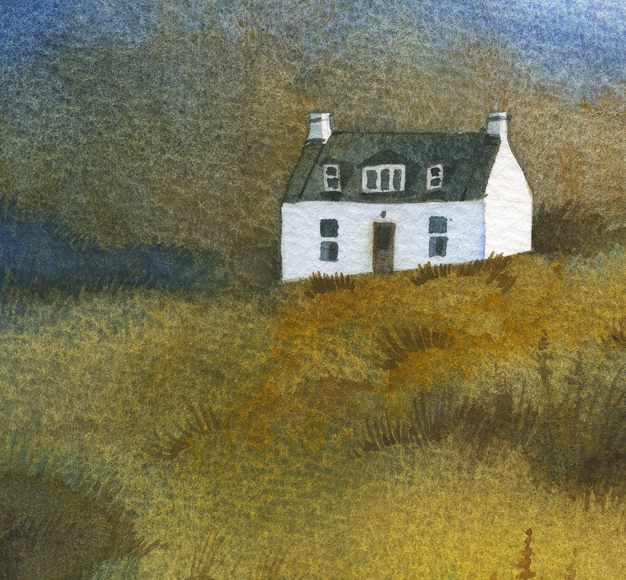 Detail of a watercolor painting featuring a small white Allt Dearg cottage sits below the Skye Ridge on the Isle of Skye, Scottish Highlands.