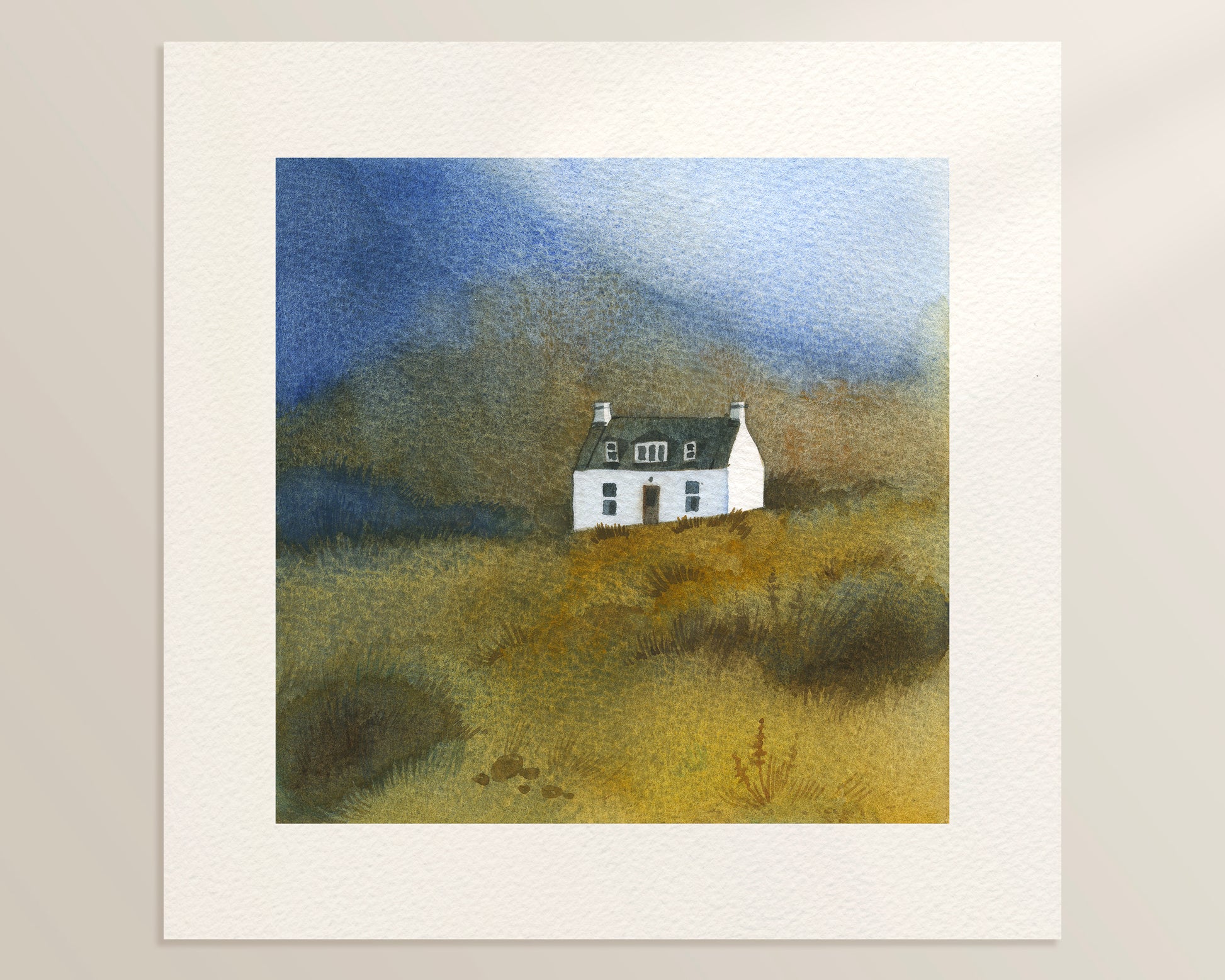 A watercolor painting featuring a small white Allt Dearg cottage sits below the Skye Ridge on the Isle of Skye, Scottish Highlands.