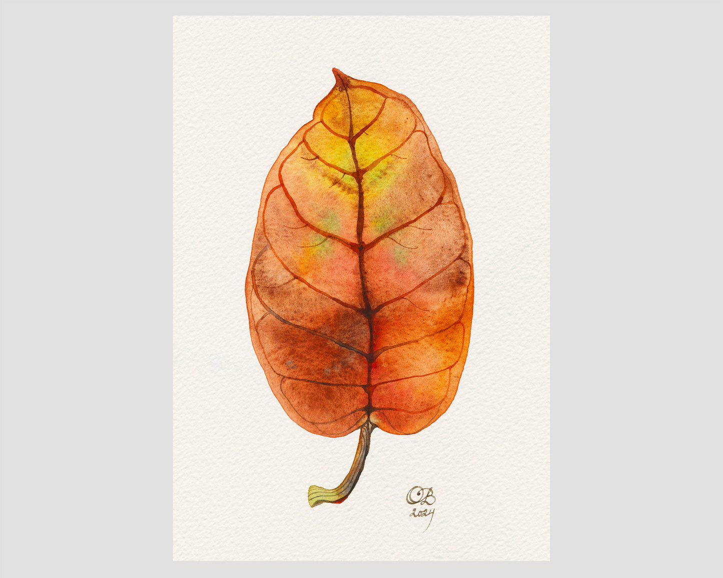 A watercolor painting of a single dried autumn leaf in warm orange, brown, and yellow tones.