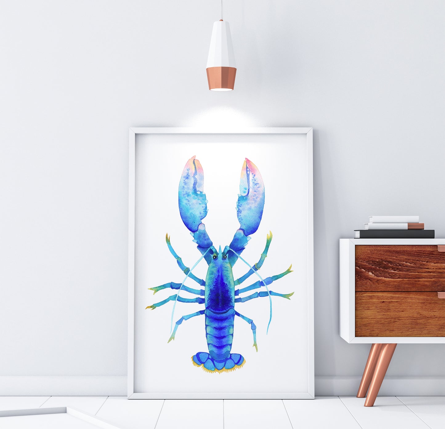 Large Blue American Lobster watercolor art print in a white frame