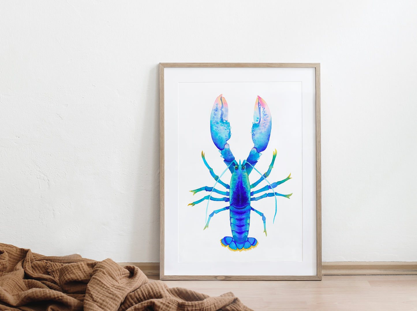 Blue American Lobster watercolor art print in a wooden frame