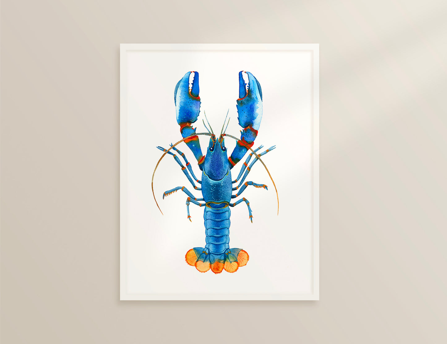 Framed Blue Kong Zebra Crayfish watercolor art print on a beige background